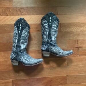 Corral Boots 6.5M Black Gray Leather Cross Wing Embroidered Snip Toe Cowgirl